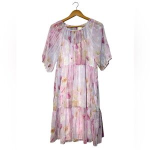 Melloday Pink Floral Tiered Mini Dress Boho Blouson Sleeve NWT Women’s M